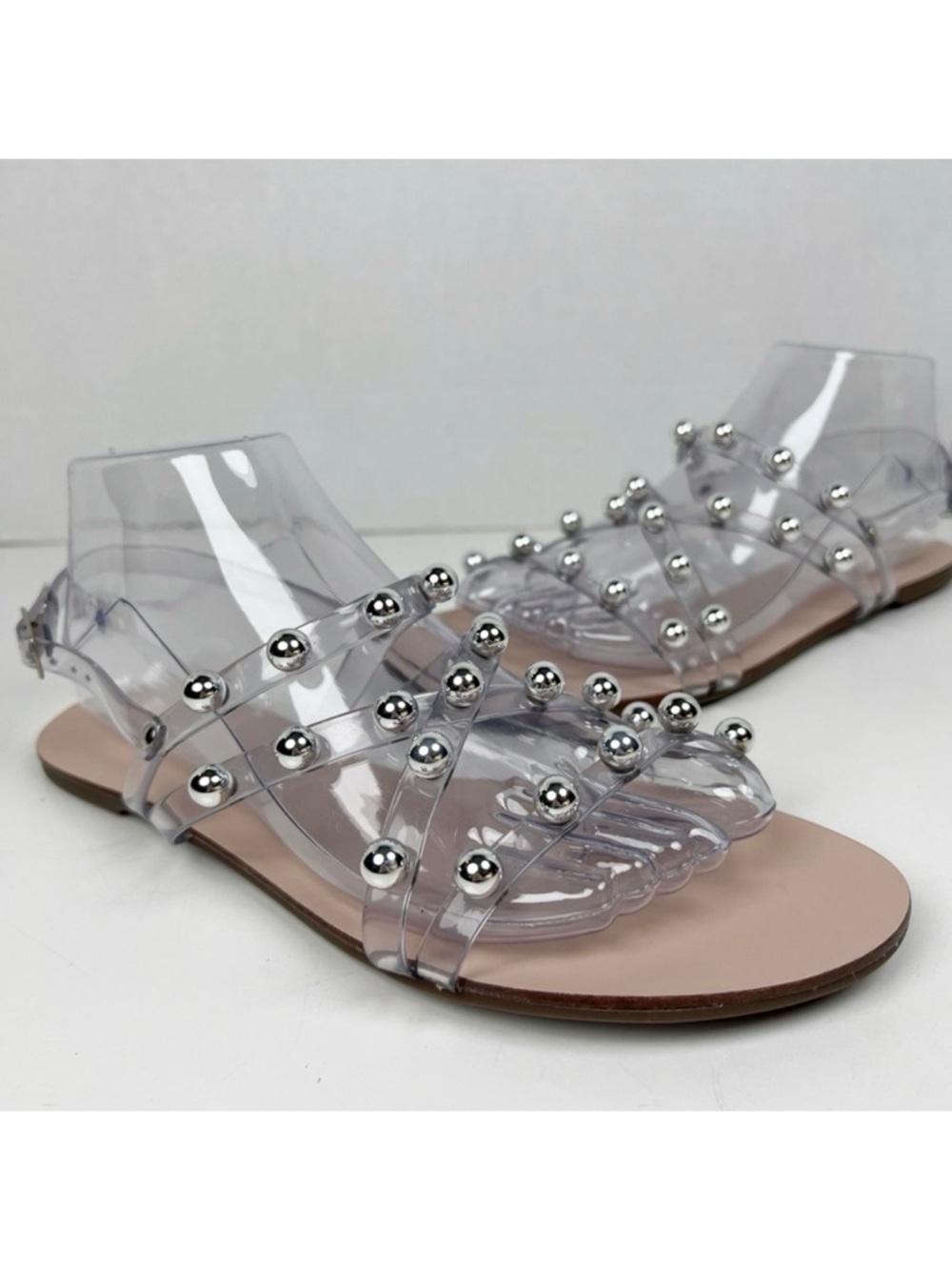 SCHUTZ Women’s Size 9B Lina Transparent Strappy Silver-Tone Studded‎ Sandal